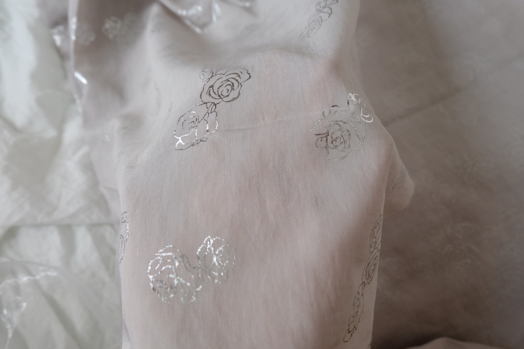 Silver Rose Foil Tencel Linen Fabric – Airy Romantic Dress Fabric (3.28 yards)