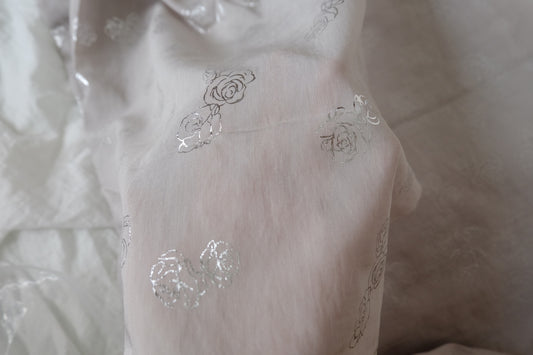 Silver Rose Foil Tencel Linen Fabric – Airy Romantic Dress Fabric (3.28 yards)