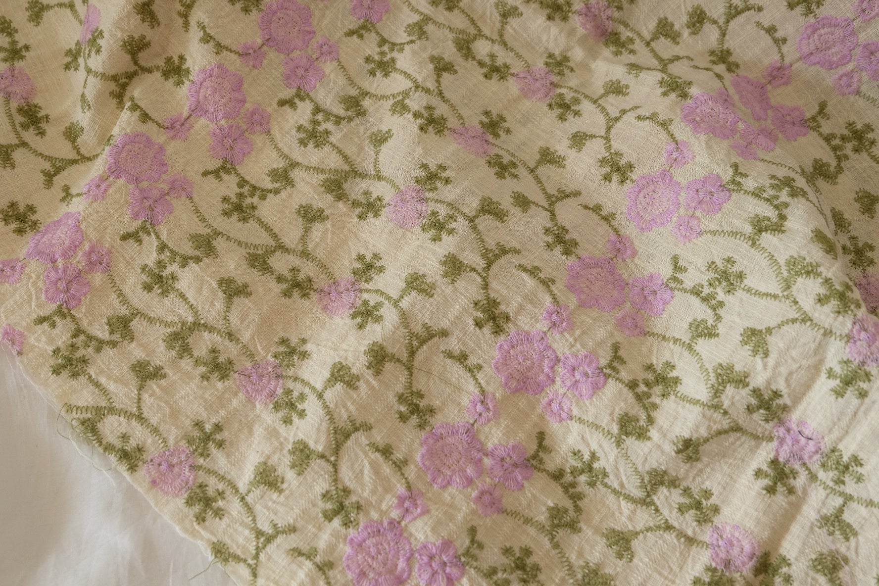 Lavender Floral Embroidered Linen Fabric – Textured Pure Linen – 1.2 yd