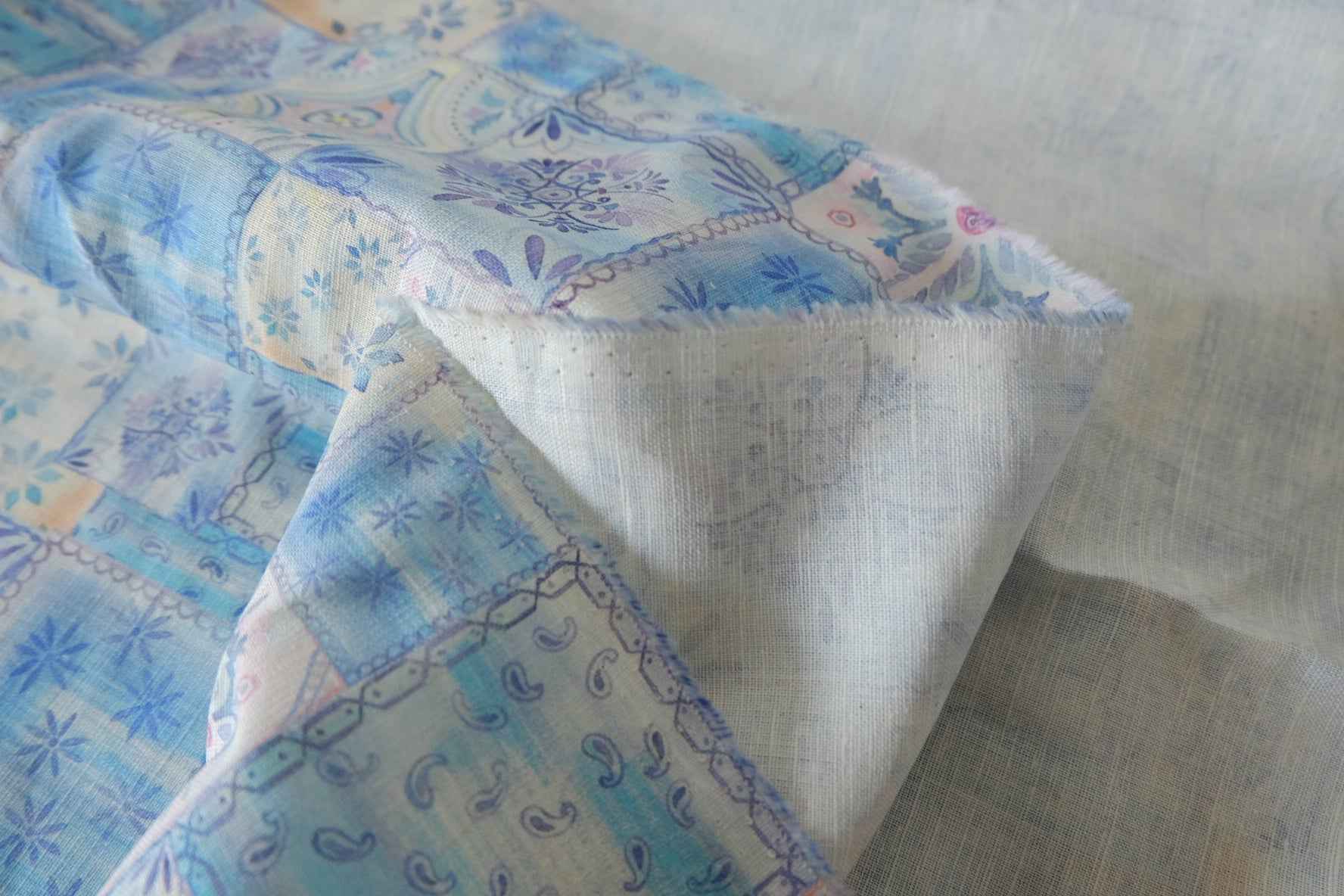 Blue Mosaic Patchwork Lyocell Linen Fabric, 1.64 Yards
