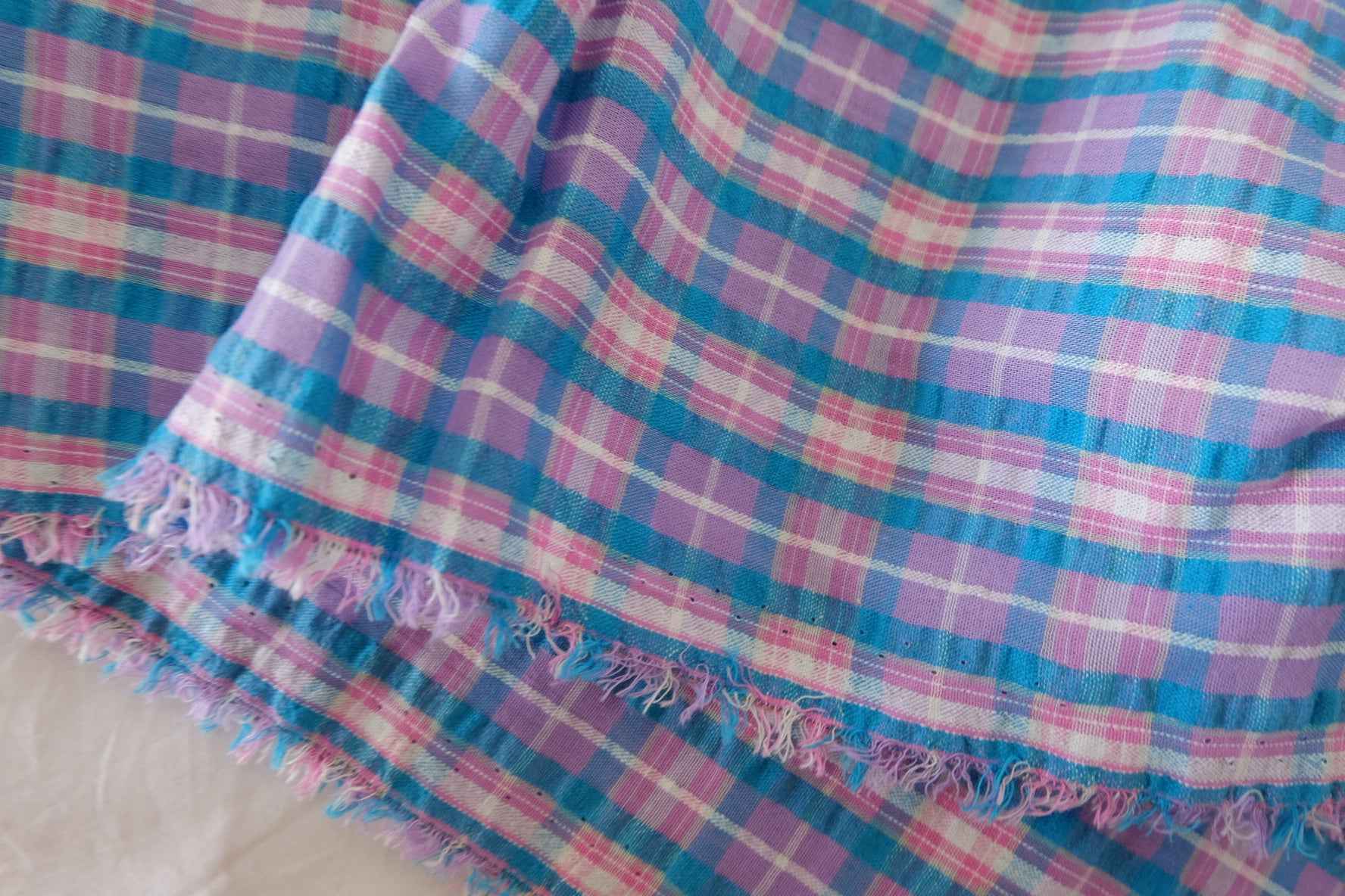 Textured Cotton Blend Plaid Fabric – Pastel Blue & Pink Check – 2.2 yd