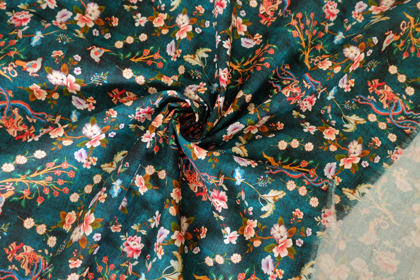 Teal Chinoiserie Floral Bird Cotton Fabric - 2.2 yd
