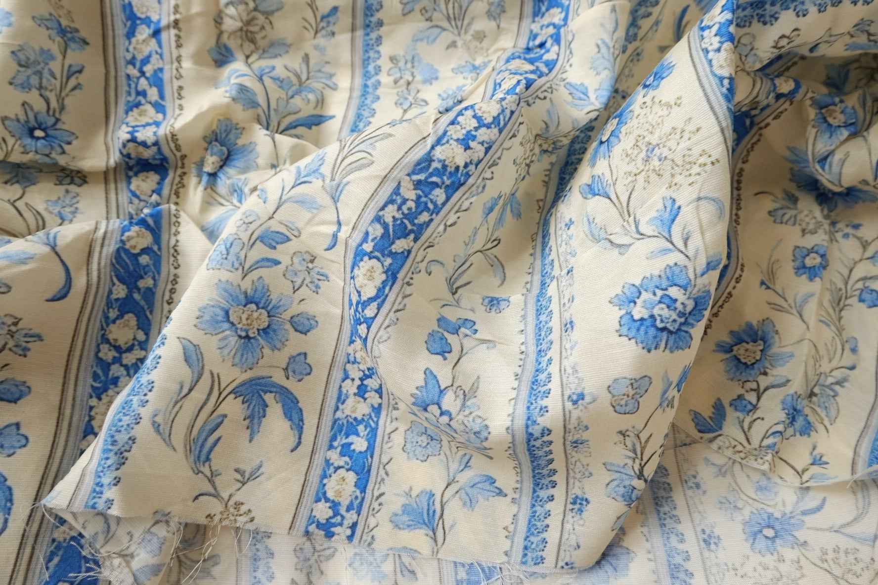 Porcelain Blue Floral Stripe Rayon Linen Fabric, Soft Airy Summer Weight, 2.41 Yards