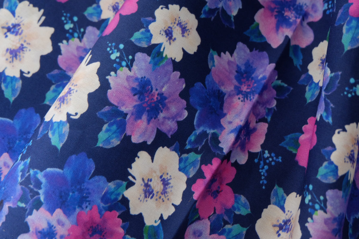 Navy Watercolor Floral Cotton Poplin – 3.3 yd
