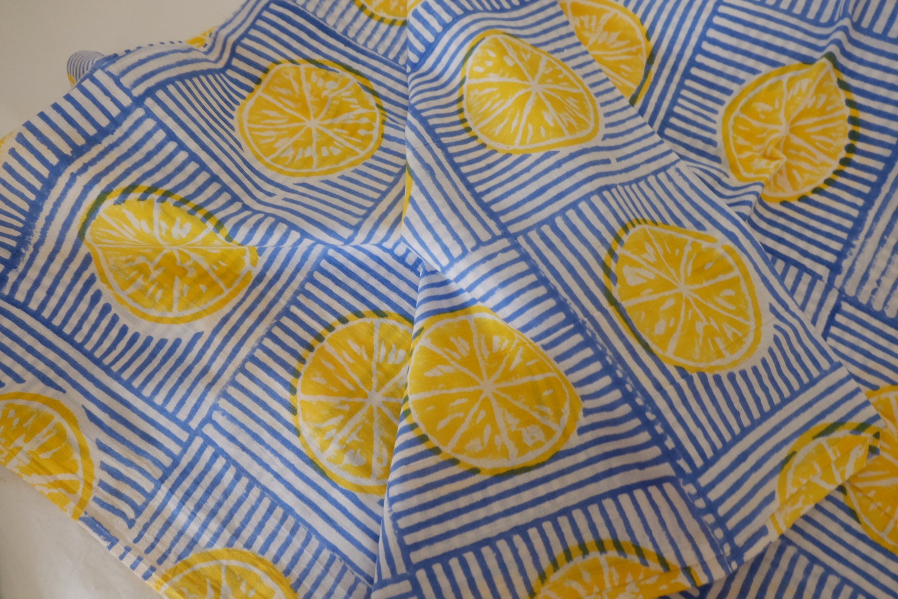 Hand Block Printed Indian Cotton Fabric – Blue Lemon Citrus Pattern – Sold by the Meter