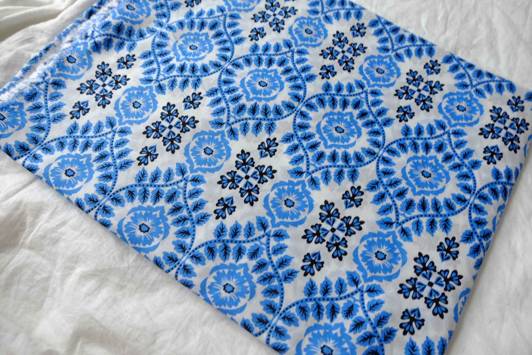 Blue Folk Floral Cotton Fabric - 2.19 Yards