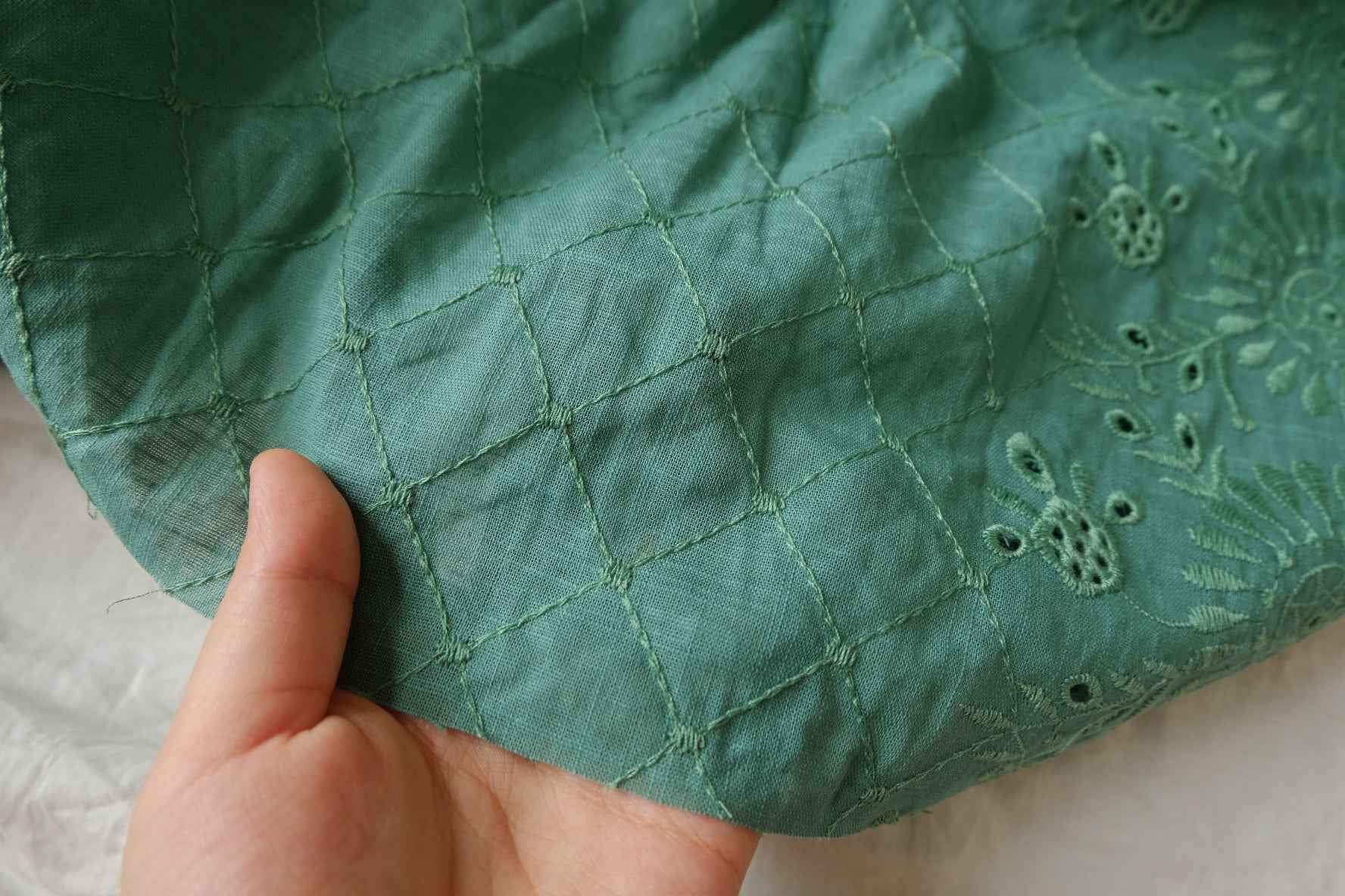 Green Double-Border Embroidered Cotton-Linen Fabric - 1.64 yd