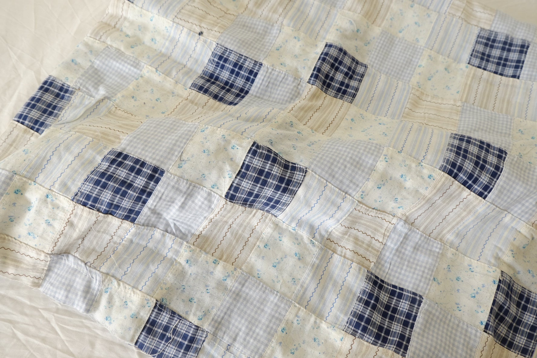 Hand-Pieced Blue Patchwork Cotton Textile – 2.19 yd Piece