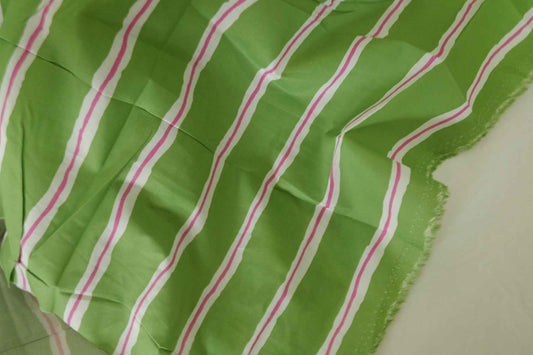 Green Pink Stripe Printed Cotton Lawn Fabric - 1.9 yd