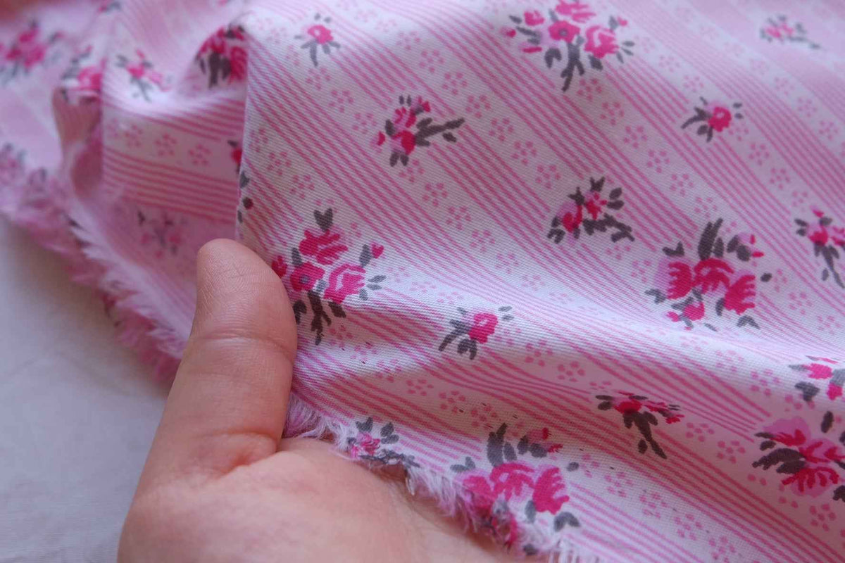 Vintage Pink Rose Stripe Soft Cotton Fabric – 3.28 yd