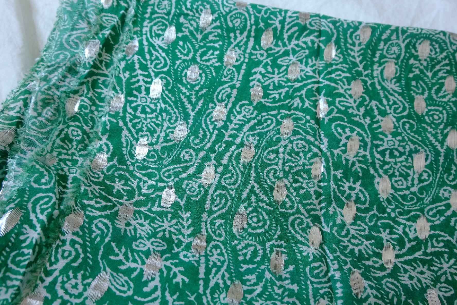 Green Metallic Paisley Rayon Challis Fabric - 2.19 yd