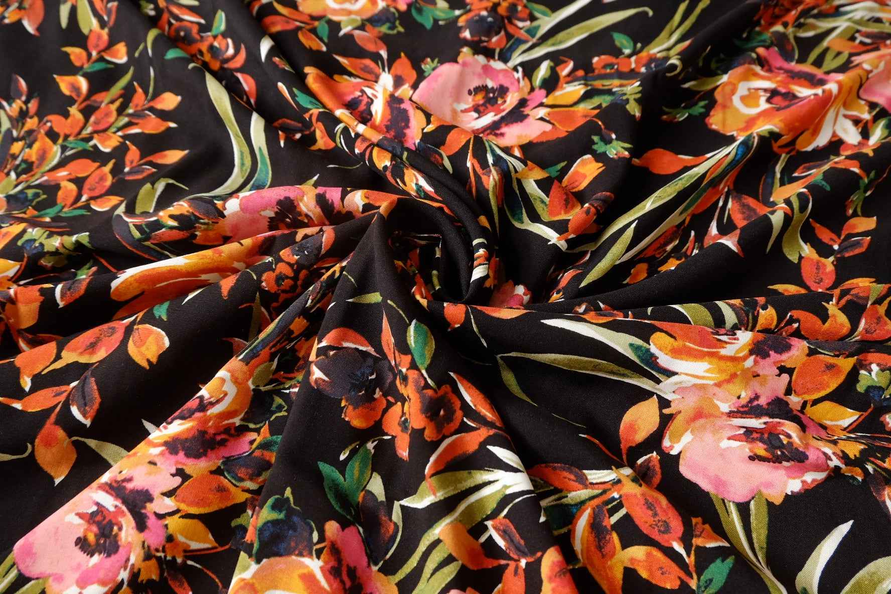 Black Tropical Floral Rayon Challis Fabric - 3.28 yd