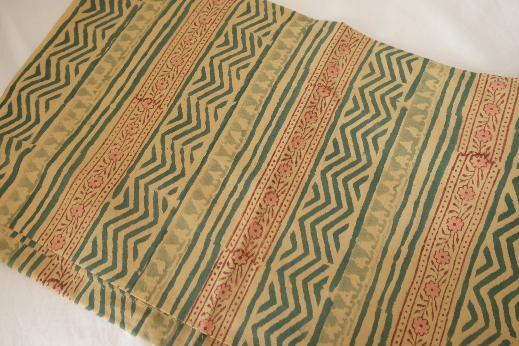 Traditional Indian Hand Block Printed Cotton Fabric – Green Geometric Stripe Pattern – Sold by the Meter