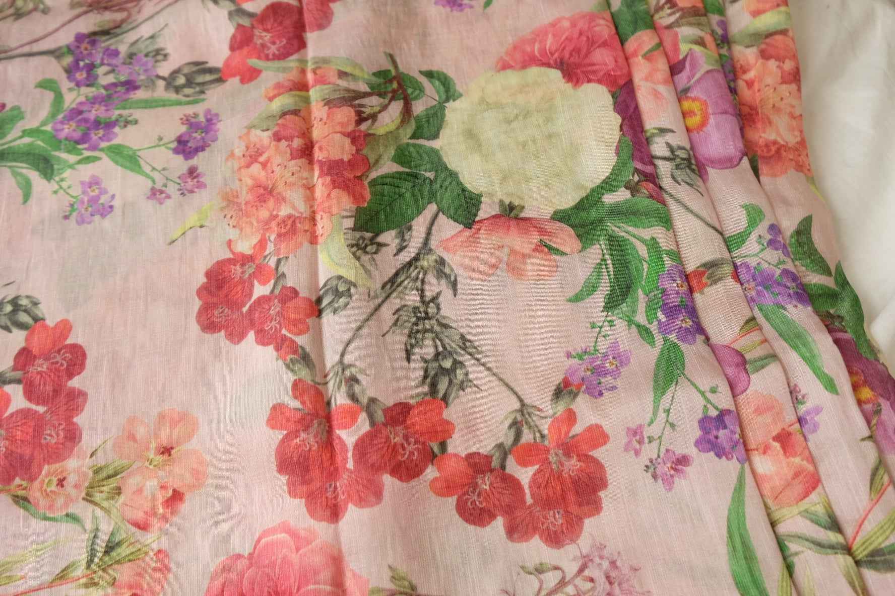 Pink Painterly Floral Tencel Linen Fabric, Lightweight Airy Dress Weight, 3.3 Yards