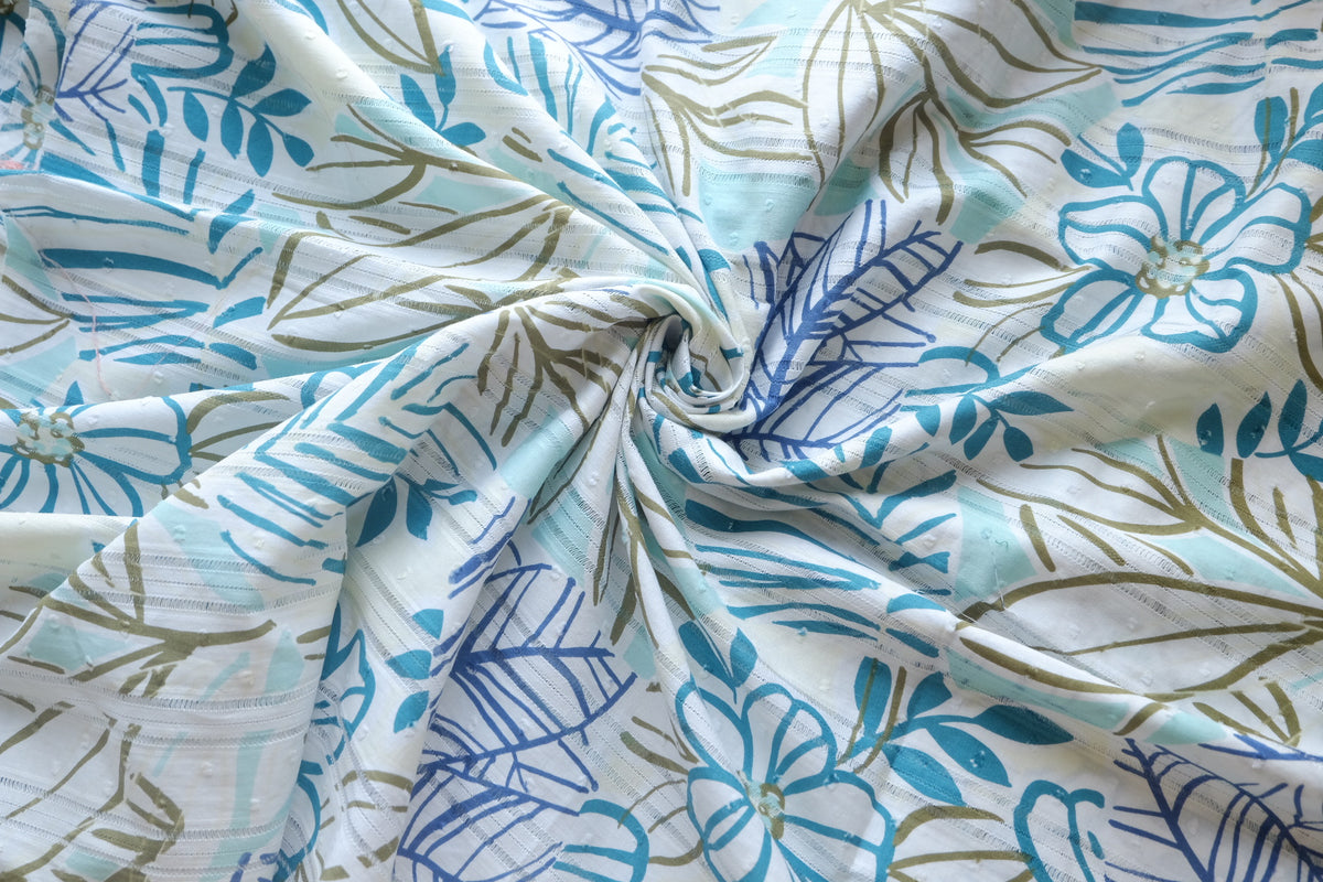 Blue Botanical Textured Cotton Jacquard – 2.2 yd