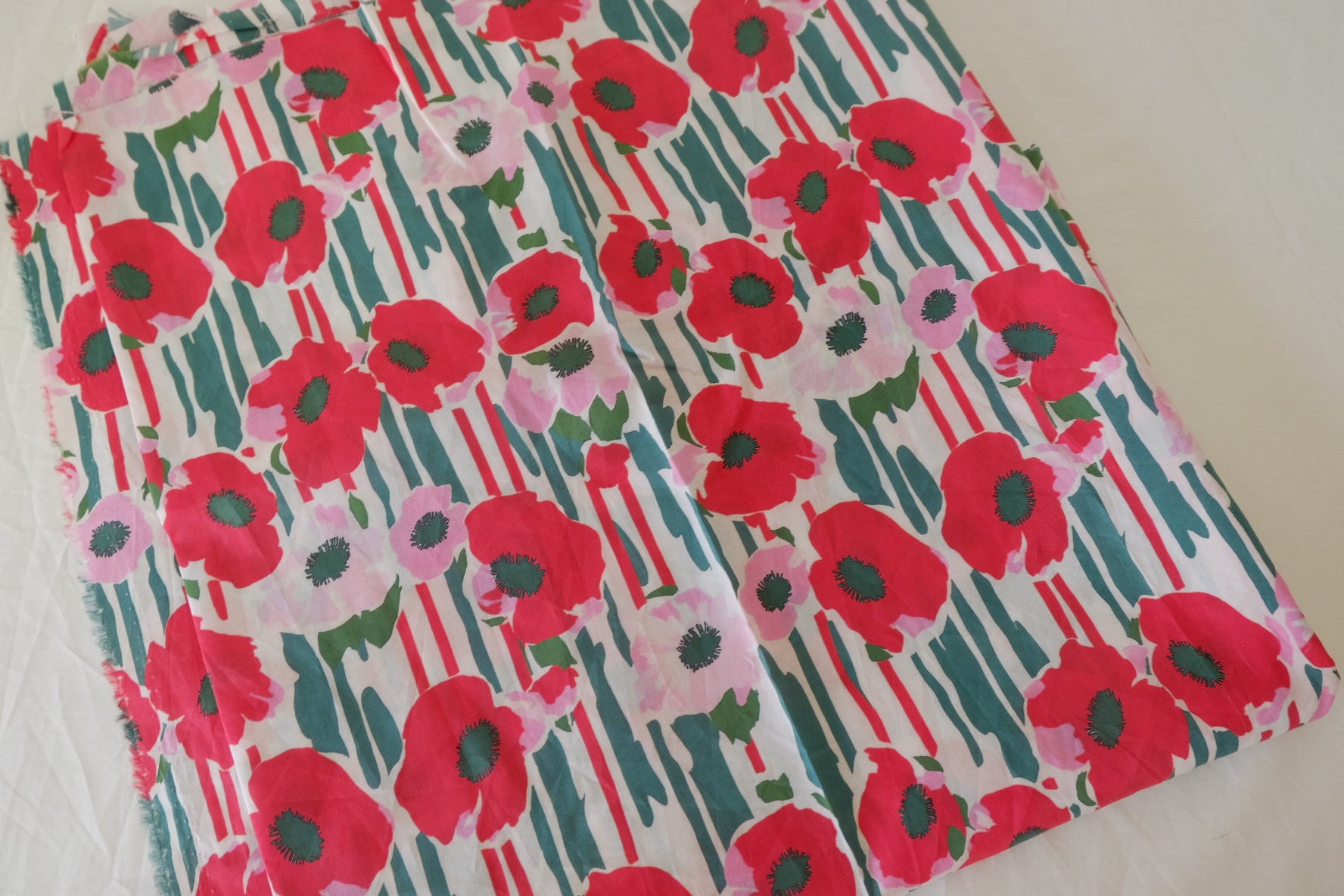 Retro Poppy Stripe Cotton Lawn Fabric – Red Floral Print (1.1 yd Cut)
