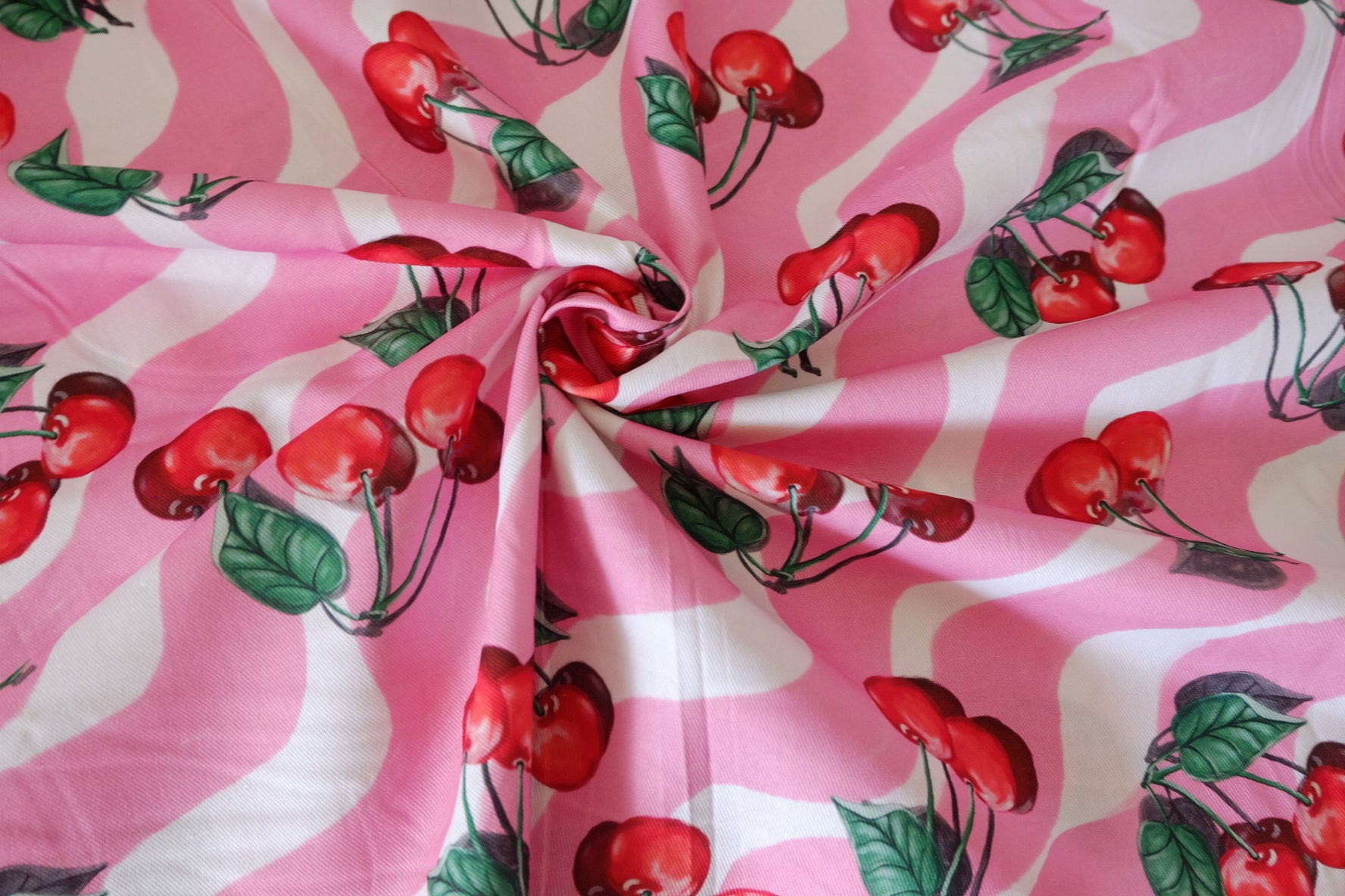 Retro Cherry Cotton Twill Fabric – Pink Wave Print – 2.46 yd / 3.06 yd