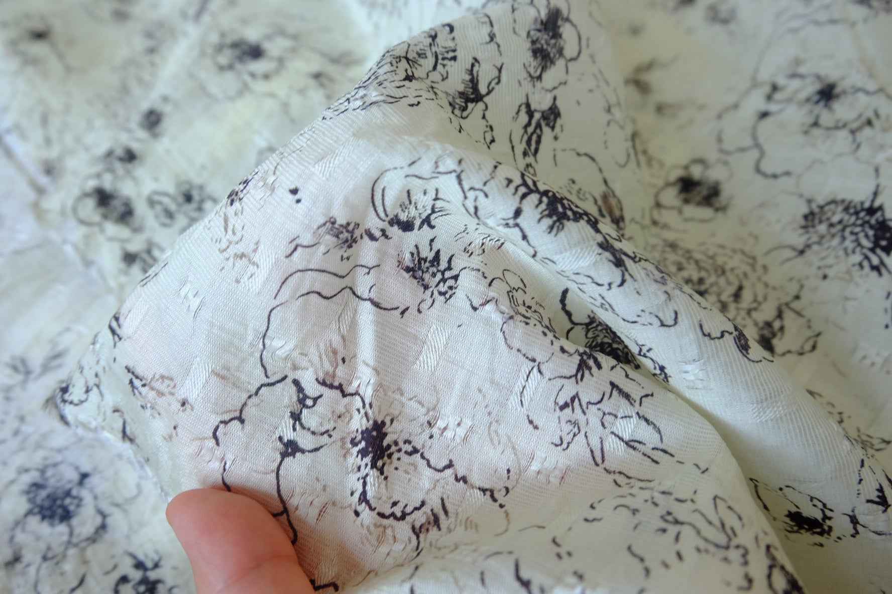 Ivory Sketch Floral Textured Polyester Fabric - 4.37 yd