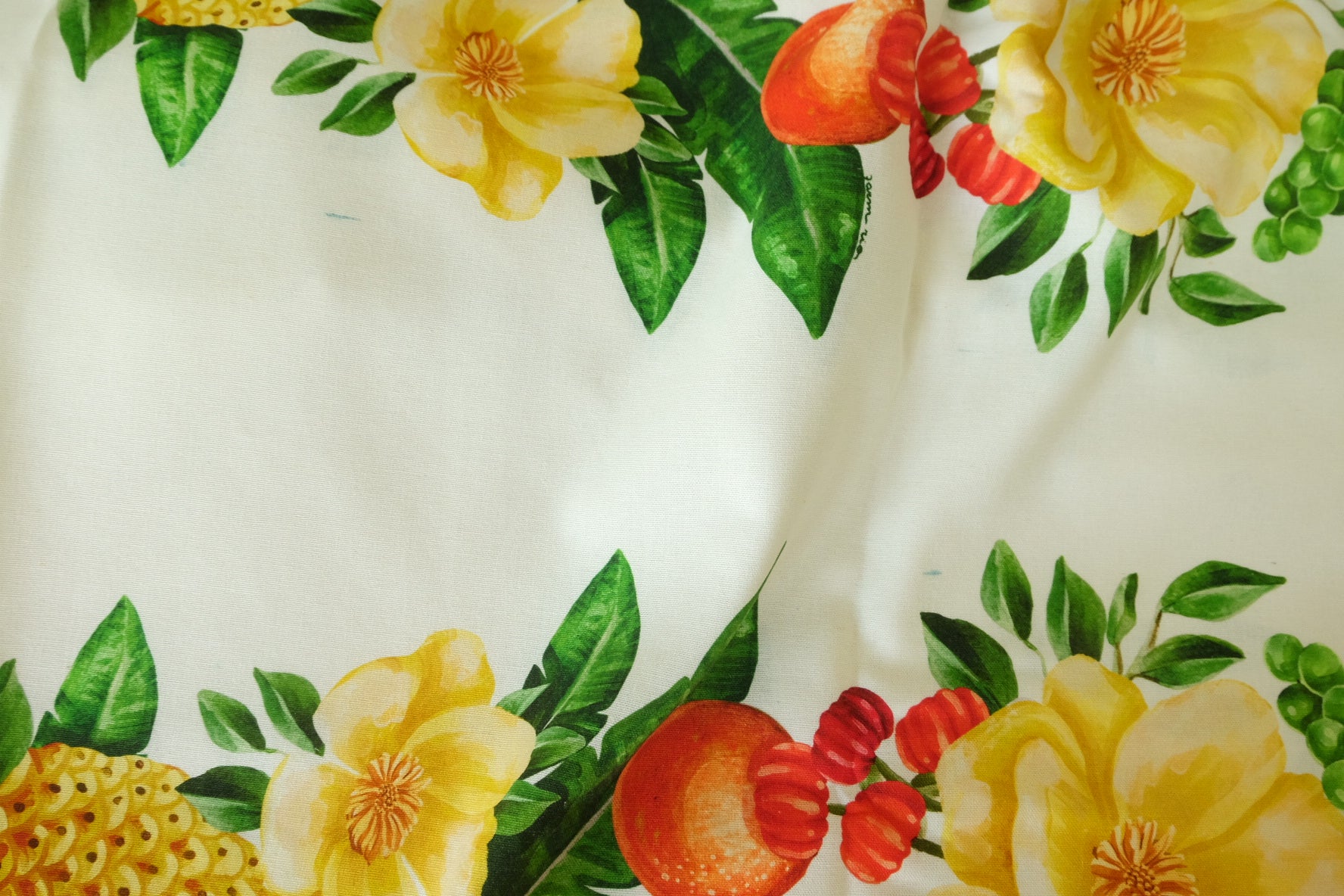 Farm Rio Style Linen Cotton Fabric – Tropical Fruit Floral Placement Print (1.8 yd, 1.45m Width)