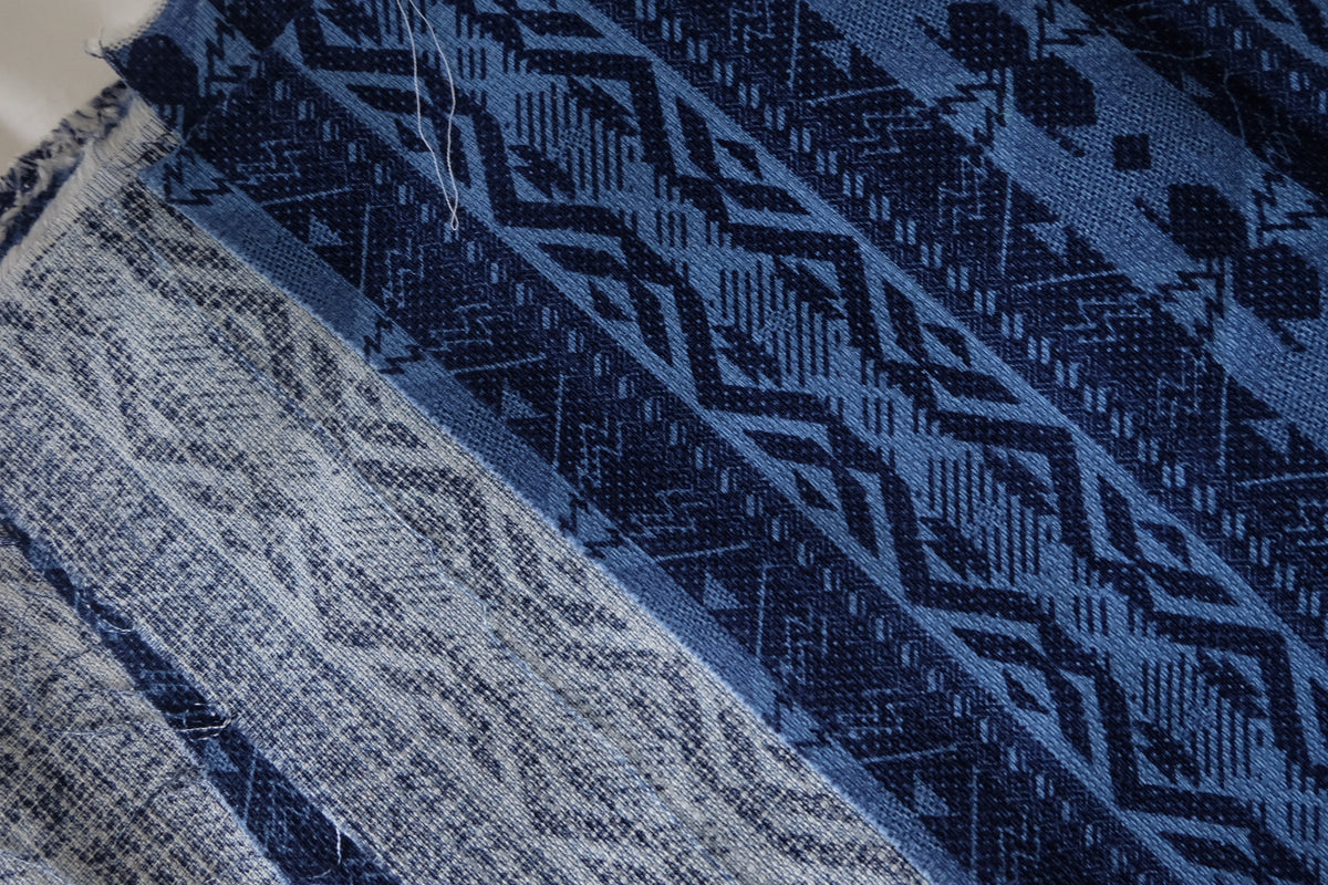 Indigo Folk Geometry – Rustic Cotton Linen Fabric | 2.2 yards