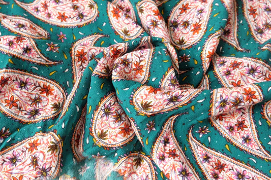 Teal Paisley Floral Textured Cupro Fabric,  1.86/2.2 Yards