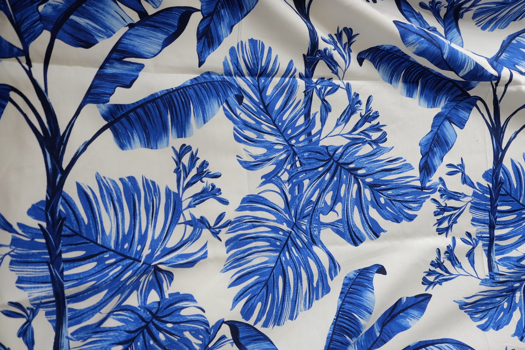 Blue Tropical Leaf Cotton Fabric, 3.28 Yards