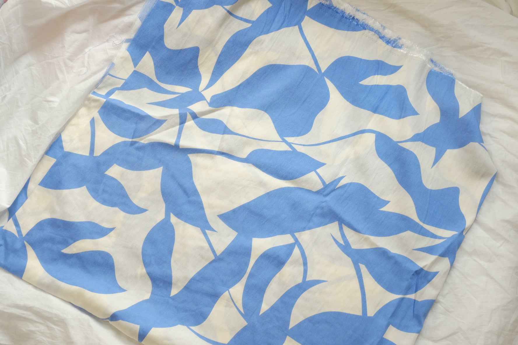 Sky Blue Leaf Tencel Linen Fabric, Lightweight Summer Dress Weight, 3.28 Yards