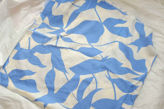 Sky Blue Leaf Tencel Linen Fabric, Lightweight Summer Dress Weight, 3.28 Yards