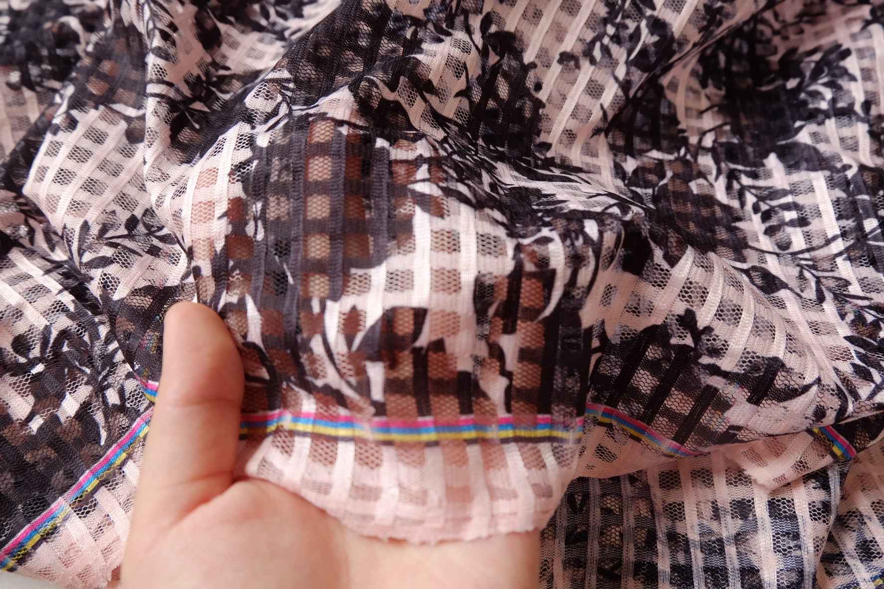 Black Floral Check Printed Mesh Fabric - 2.52 yd