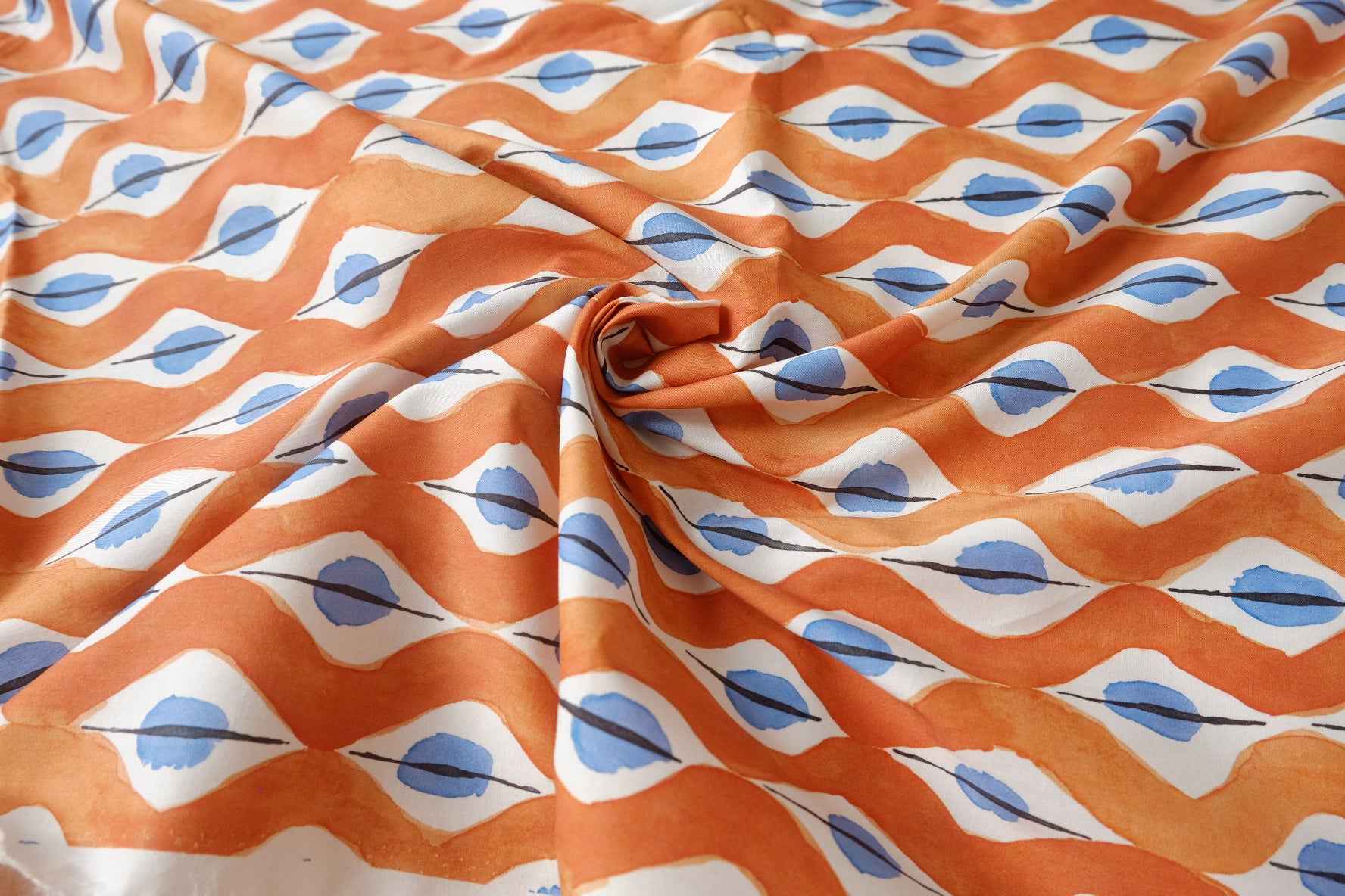 Orange and Blue Geometric Cotton Poplin Fabric, Crisp Dress & Shirting Weight, 3.28 Yards
