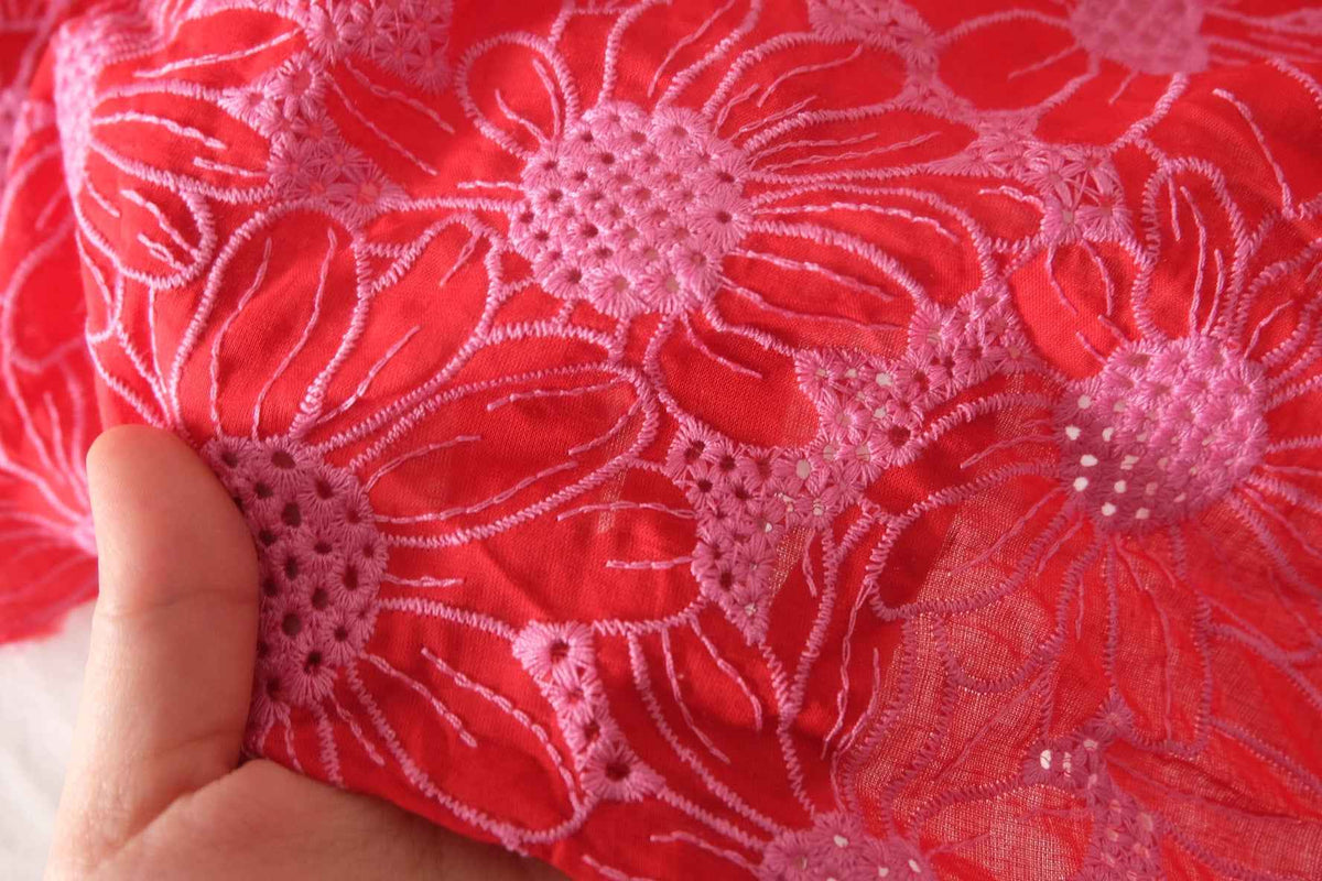 Red Floral Double-Border Embroidered Cotton — 1.75 yd