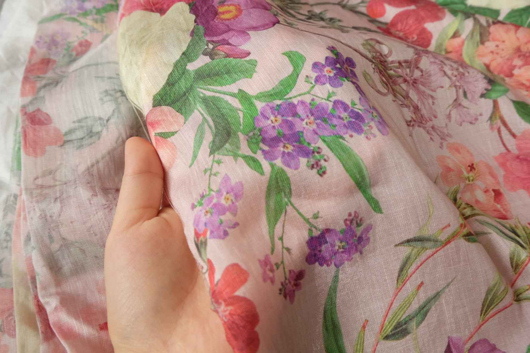Pink Painterly Floral Tencel Linen Fabric, Lightweight Airy Dress Weight, 3.3 Yards