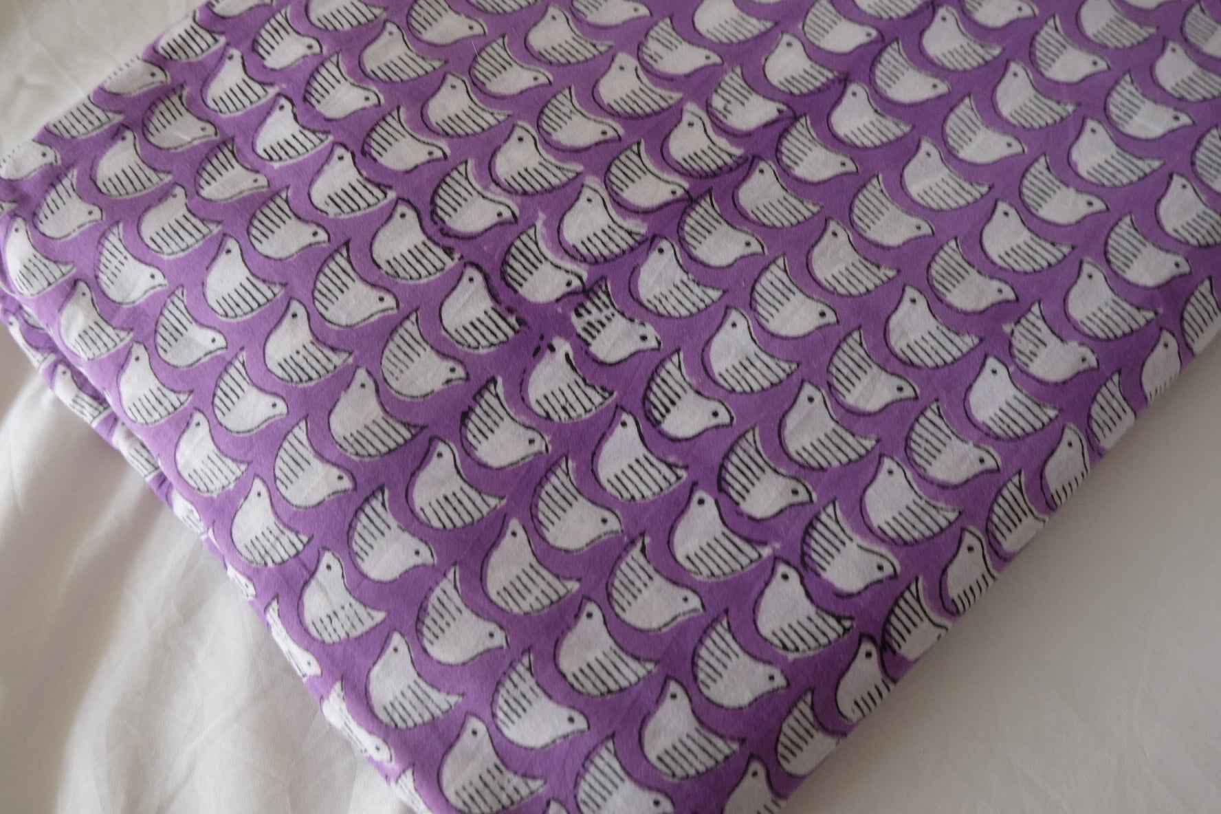 Indian Hand Block Printed Cotton Fabric – Purple Bird Pattern – Sold by the Meter