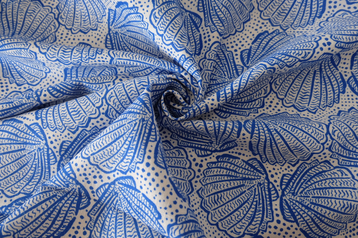 Blue Seashells – Cotton Linen Blend with Removable Backing – 2.2 yd