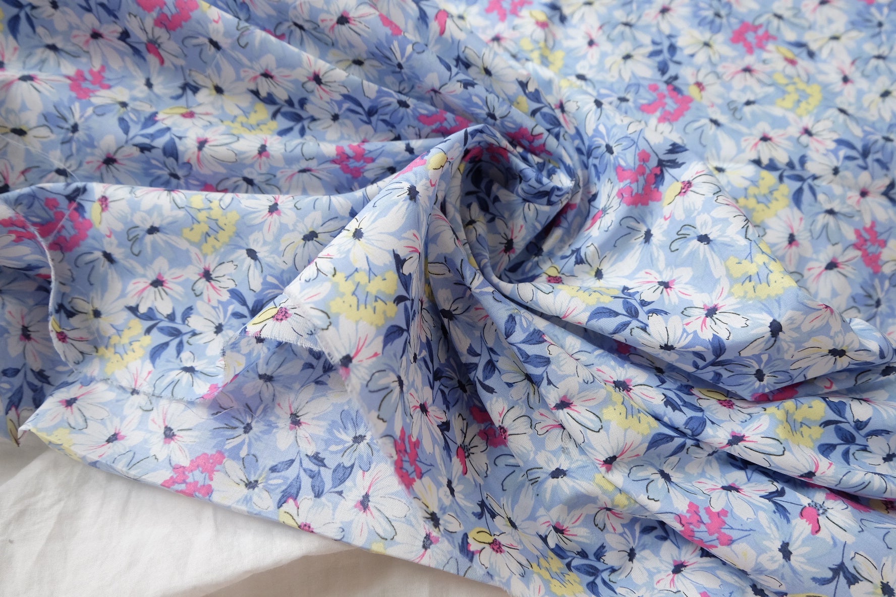 Blue Summer Daisy Cotton Poplin Fabric — 2.19 yd