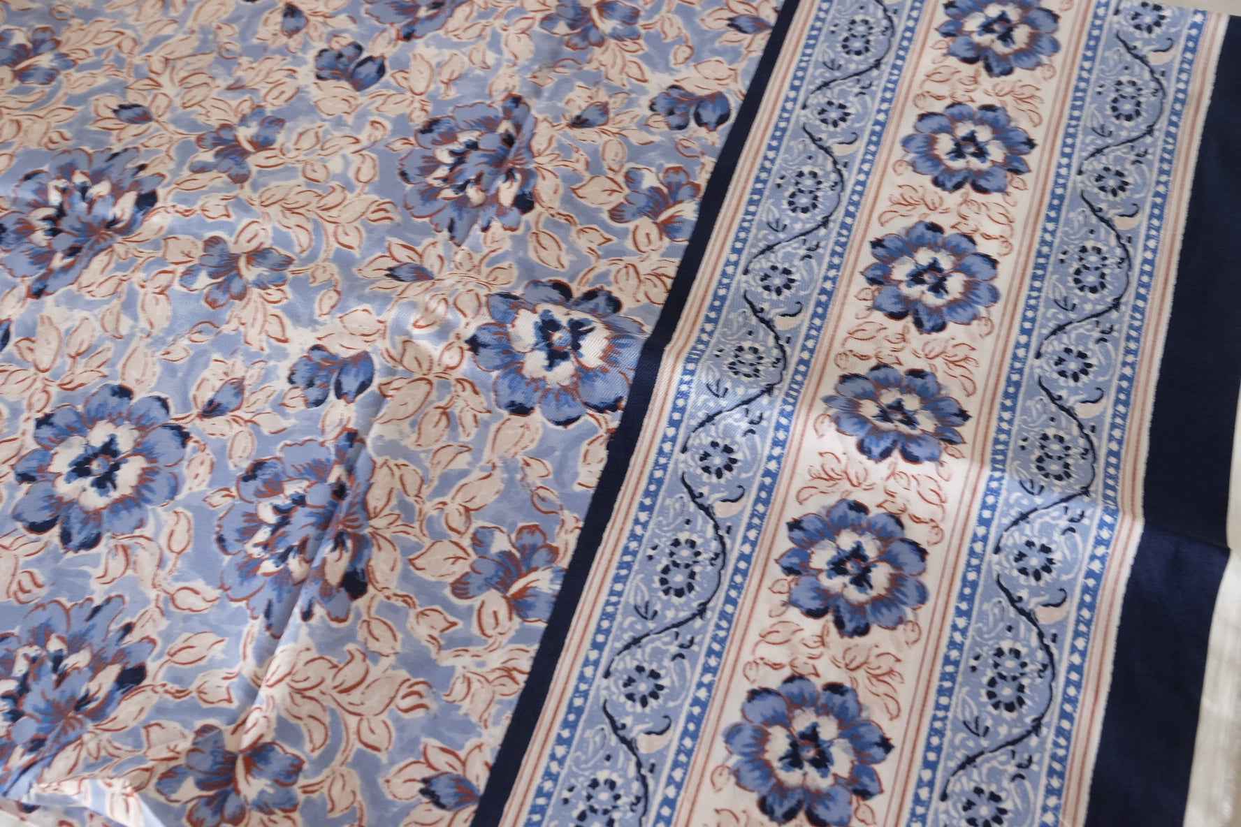 Blue Floral Border Print Cotton Poplin Fabric – 2.2 yd