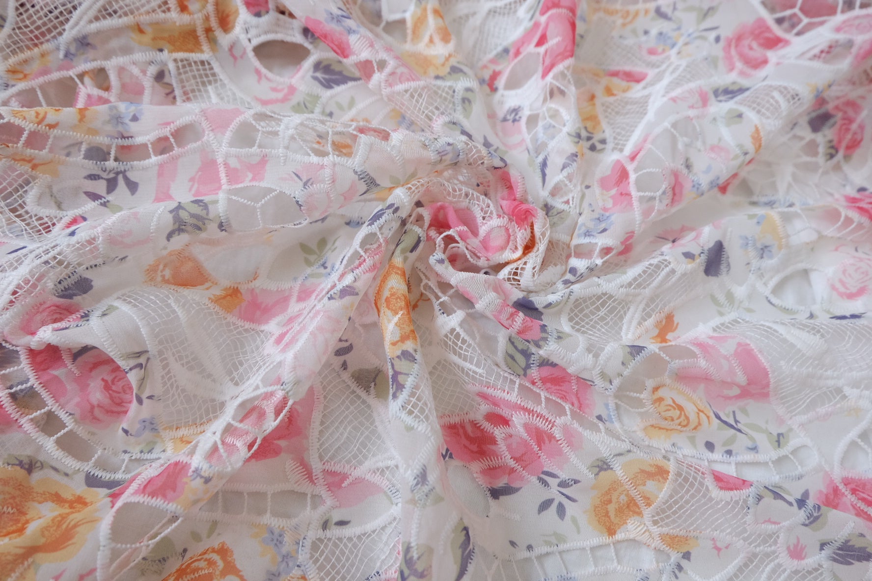 Pink Floral Openwork Embroidered Lace Fabric - 2.19 yd
