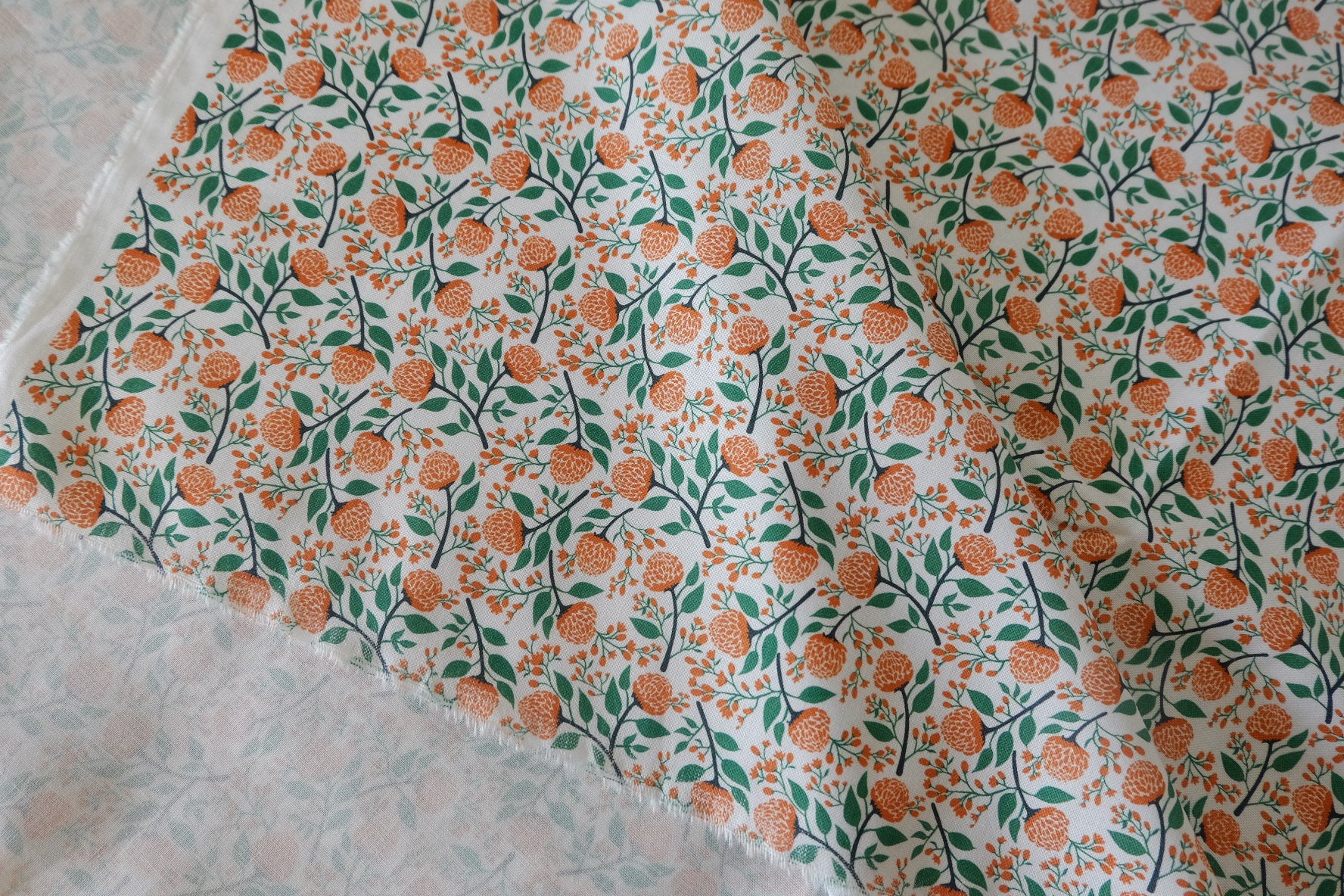 Orange Floral Berry  Branch Cotton Fabric - 2.2 yd