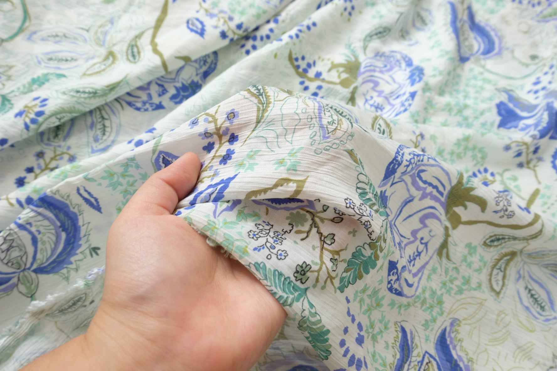 Blue Green Abstract Botanical Tencel Cotton Fabric, Soft Lightweight Dress Weight, 1.64 Yards