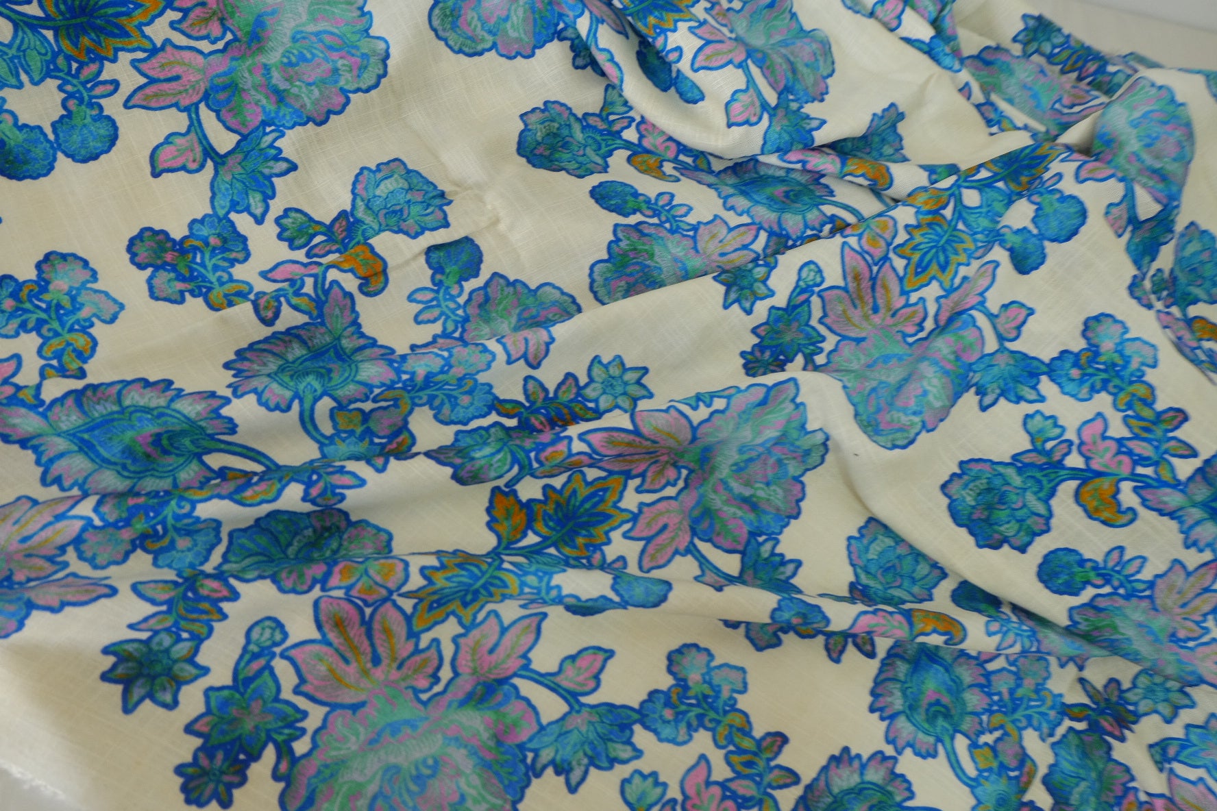 Blue Paisley Floral Linen Cotton Blend Fabric – 2.2 yd