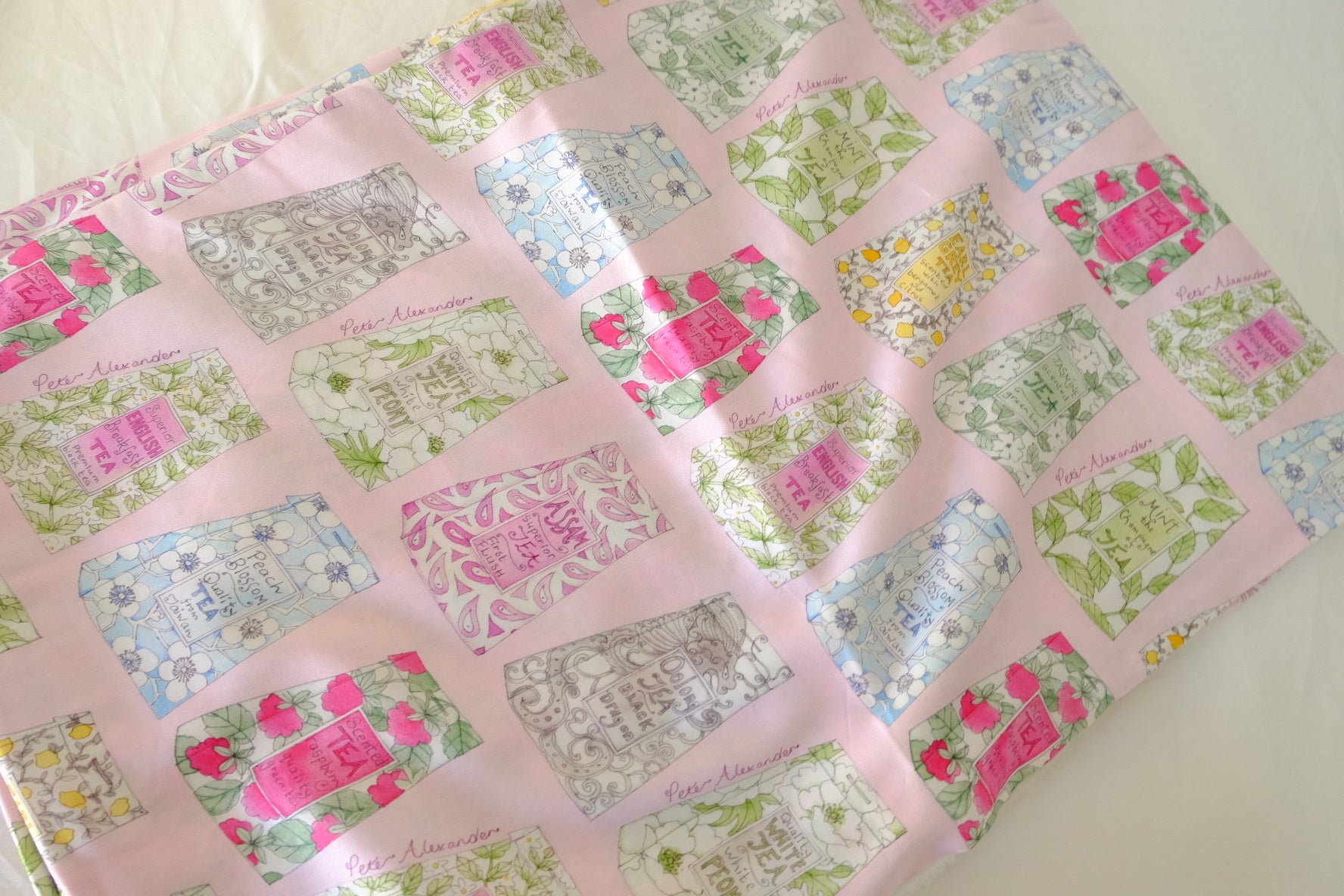 Tea Packet Print 80s Cotton Sateen Fabric – 2.2 yd