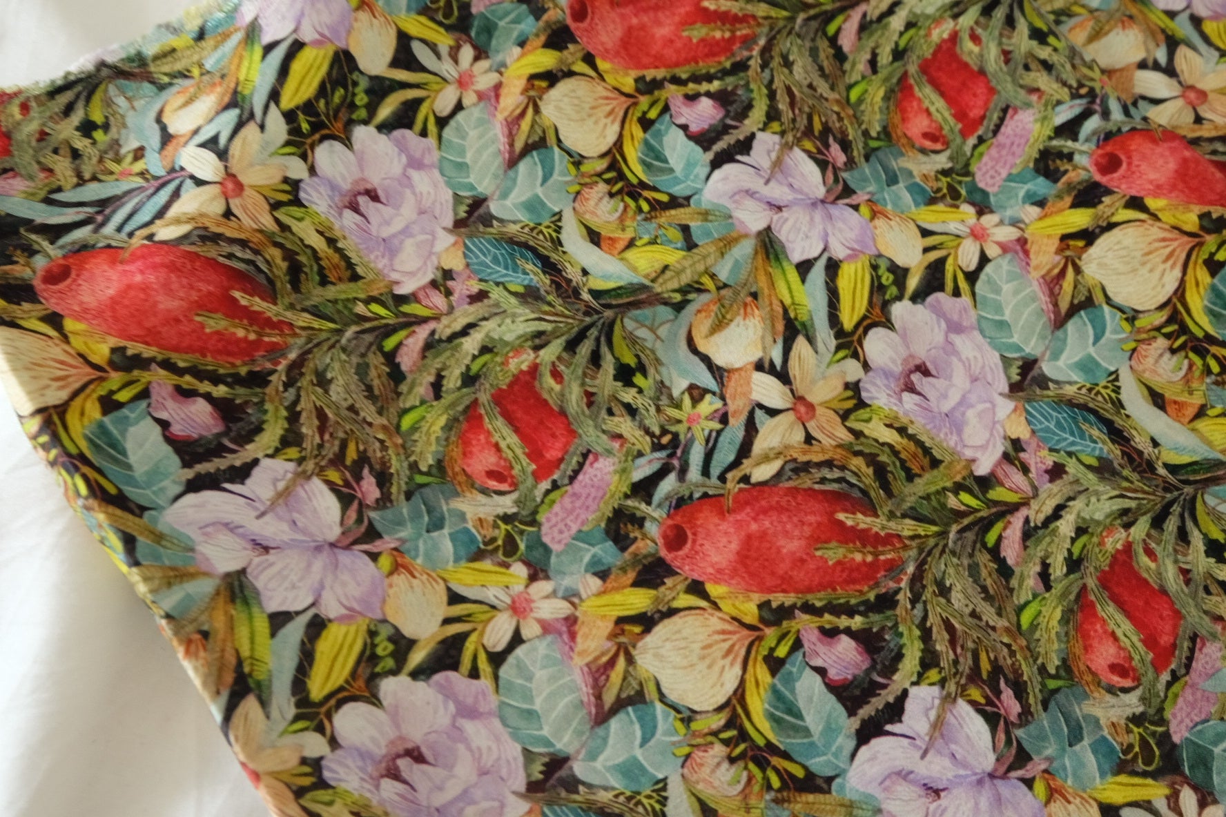 Silky Rayon Satin Fabric – Tropical Botanical Print on Black – 2.2 yd