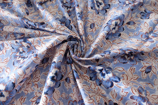 Blue Floral Border Print Cotton Poplin Fabric – 2.2 yd