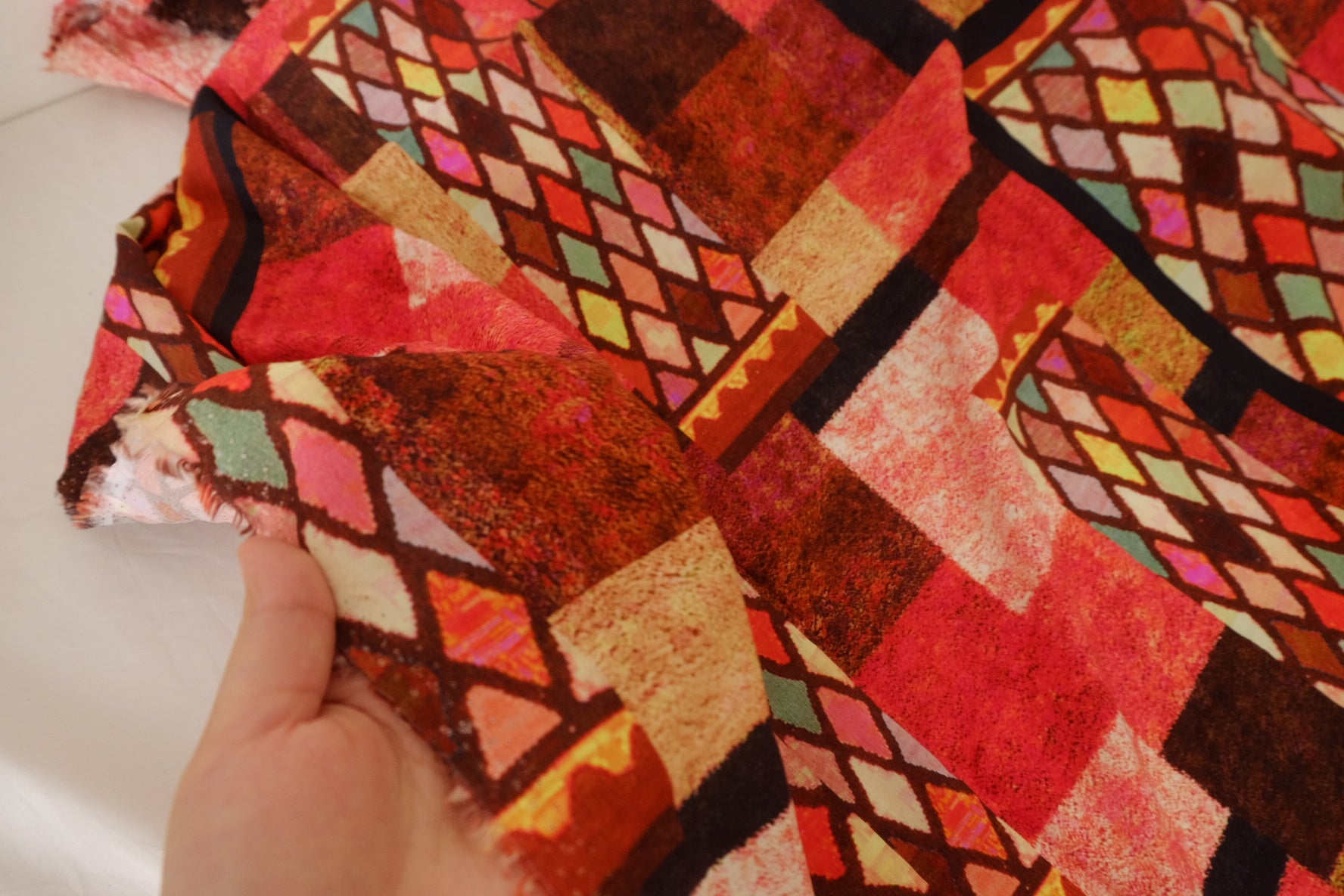 Warm Patchwork Mosaic Rayon Challis Fabric – 1.6 yd