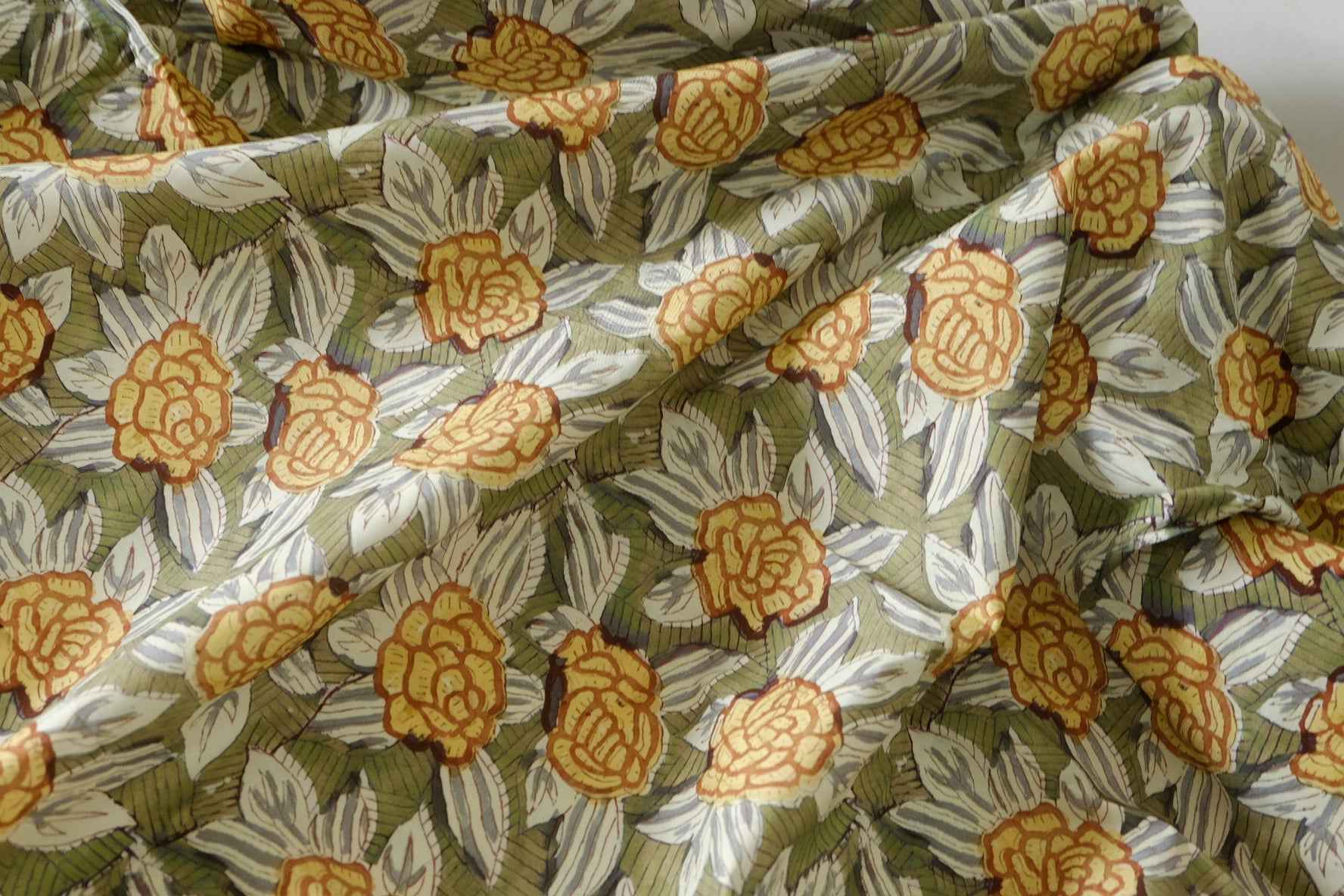 Olive & Mustard Floral Cotton Lawn Fabric – 3.3 yd