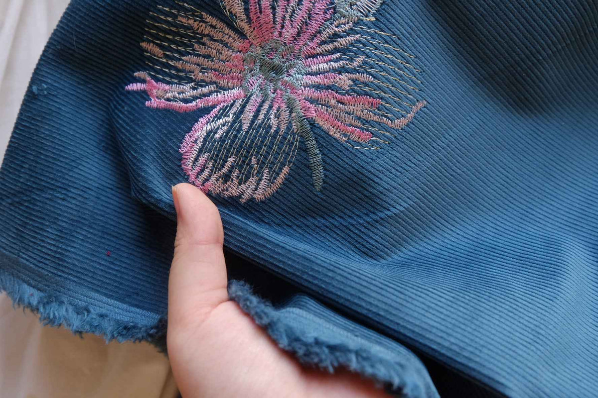 Midnight Teal Floral Embroidered Cotton Corduroy Fabric