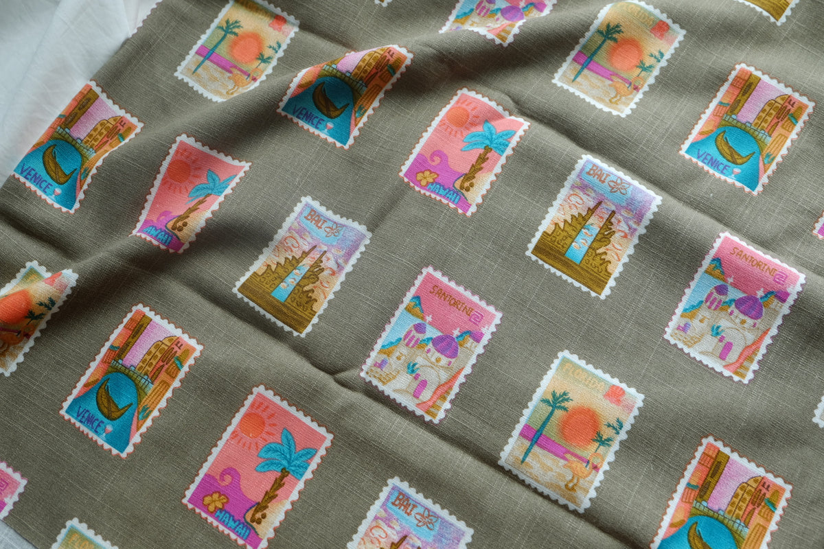 Travel Stamp Print Lyocell Linen — 2.2 yd