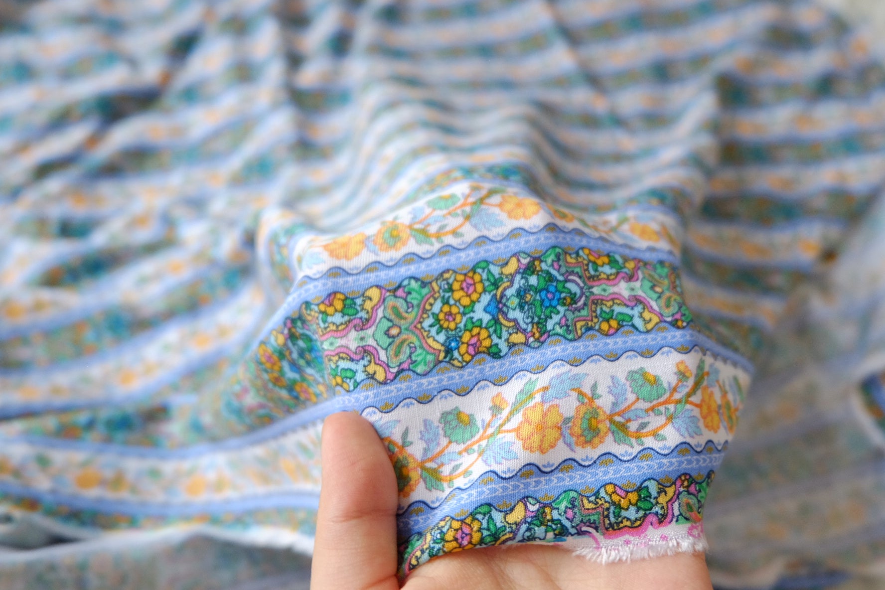Soft Blue Paisley Floral Tencel Linen Fabric 1.6 Yards
