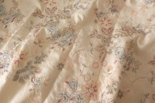 Champagne Beaded Floral Embroidered Linen Cotton – 2.2 yd