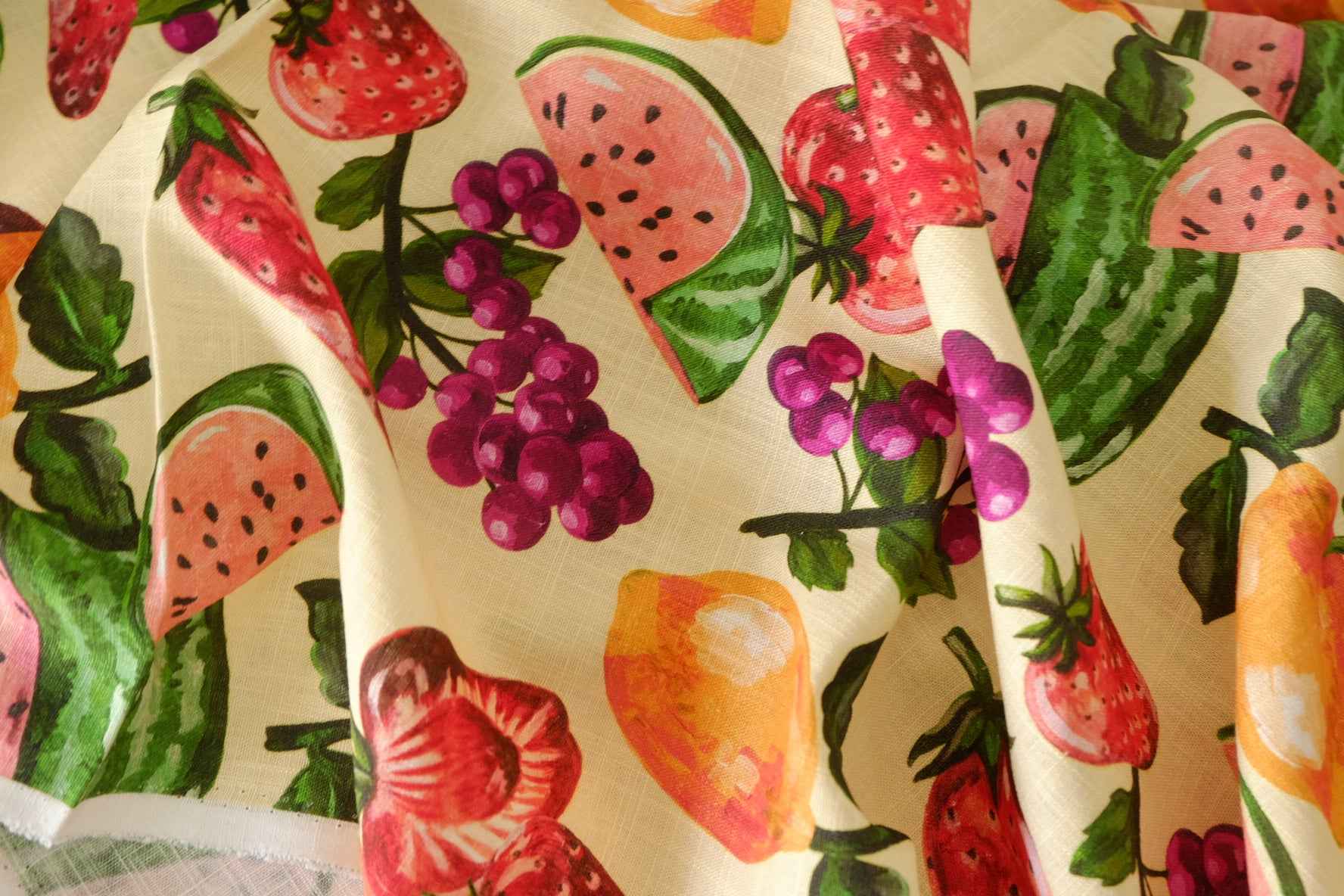 Linen Cotton Blend Fabric – Colorful Summer Fruit Print – 2.2 yd